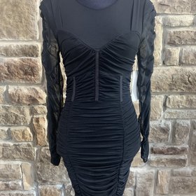 Guess Black Ruched Illusion Sleeve Dress, Size S