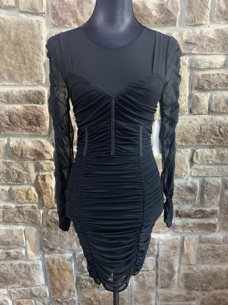 Guess Black Ruched Illusion Sleeve Dress, Size S