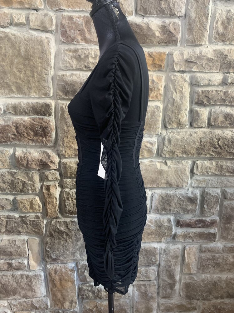 Guess Black Ruched Illusion Sleeve Dress, Size S