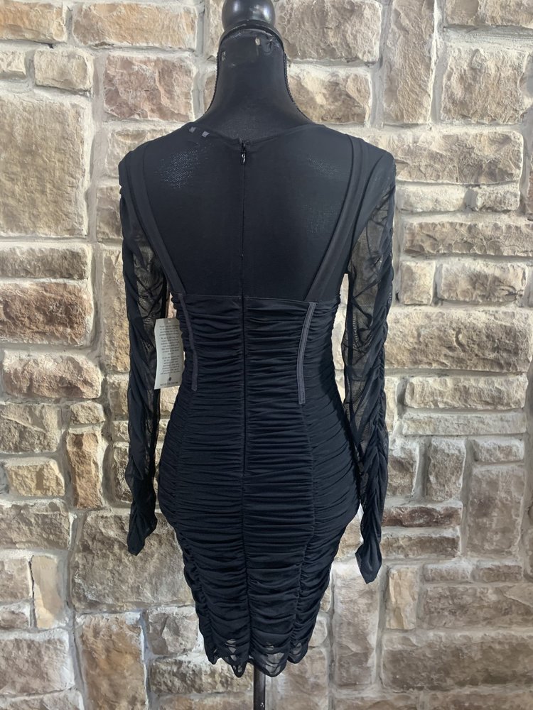 Guess Black Ruched Illusion Sleeve Dress, Size S