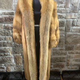 Red Fox Long Coat with Statement Shawl Collar, Size L