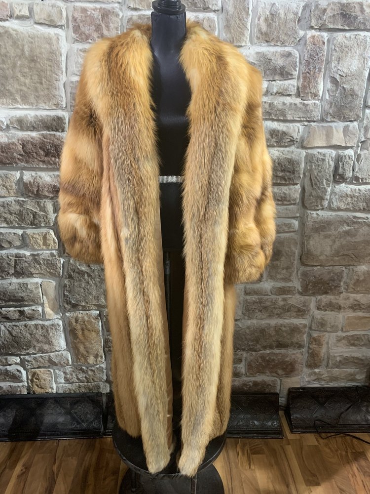 Red Fox Long Coat with Statement Shawl Collar, Size L