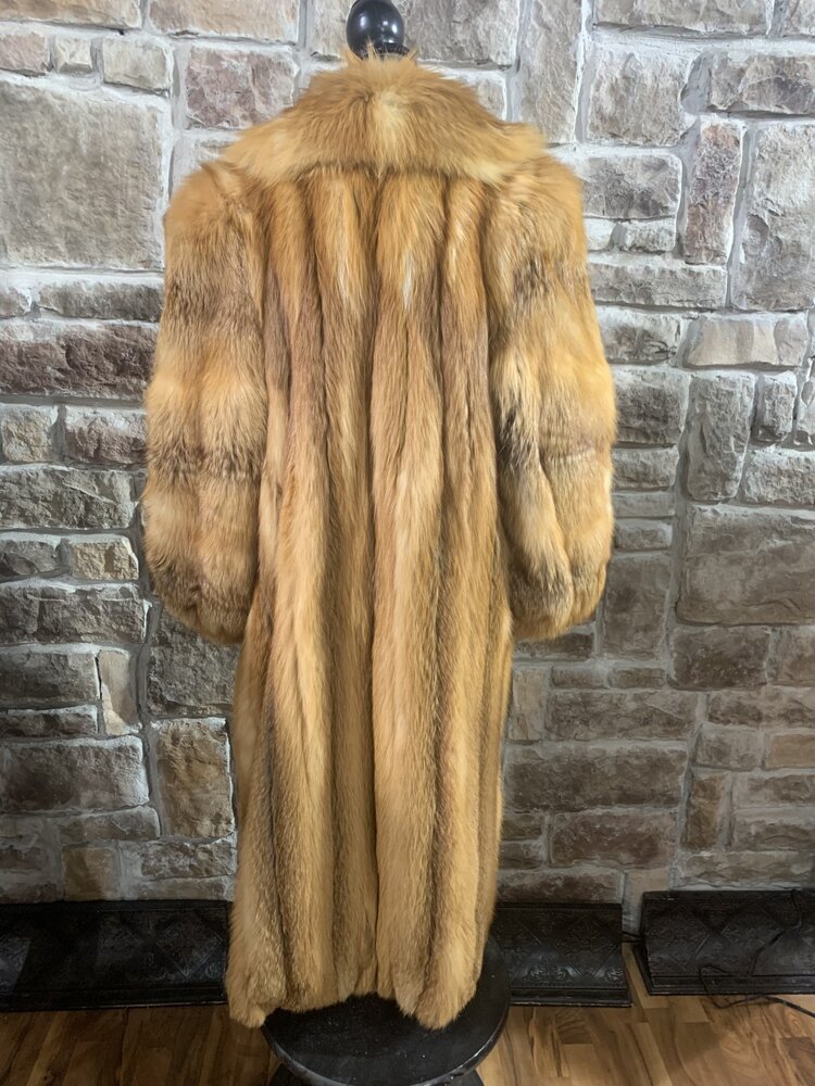 Red Fox Long Coat with Statement Shawl Collar, Size L