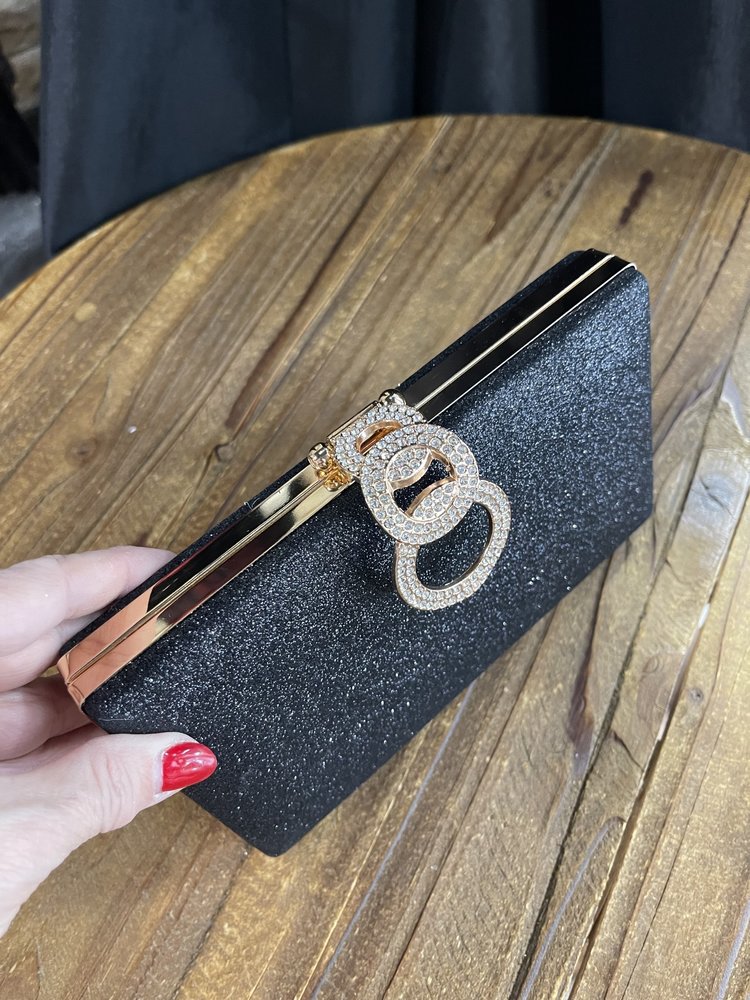 Wona Trading Black  Shimmery Evening Clutch Bag with Attachable Chain Strap