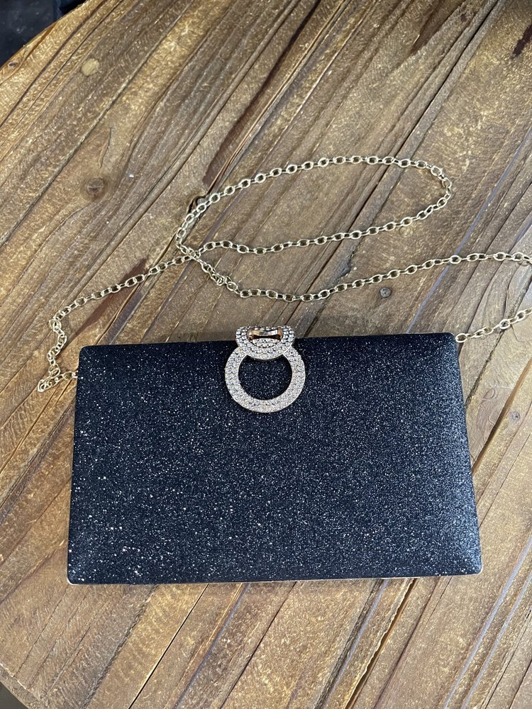 Wona Trading Black  Shimmery Evening Clutch Bag with Attachable Chain Strap