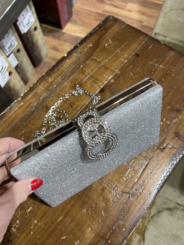 Wona Trading Silver Shimmery Evening Clutch Bag with Attachable Chain Strap