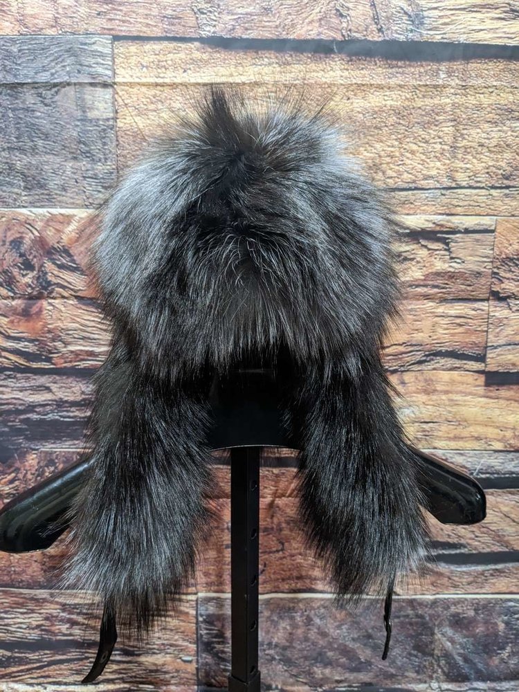 Blue Dyed Silver Fox  and Leather Trapper Hat