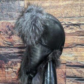 Blue Dyed Silver Fox  and Leather Trapper Hat