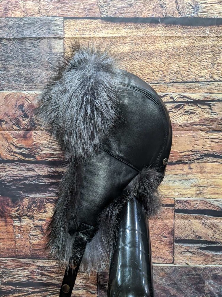 Blue Dyed Silver Fox  and Leather Trapper Hat