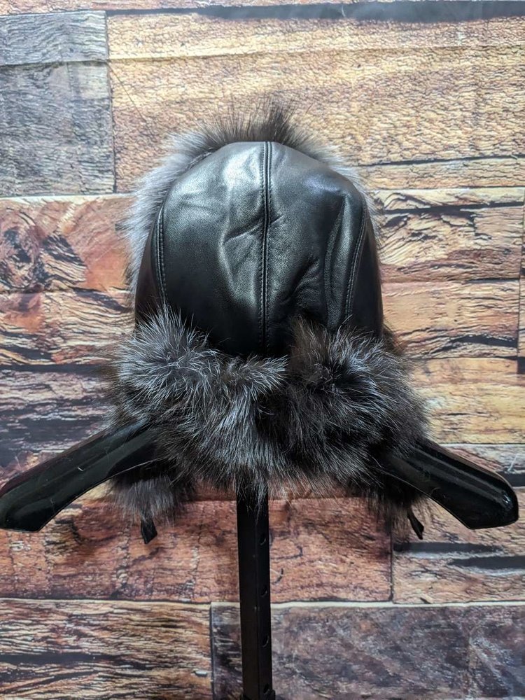 Blue Dyed Silver Fox  and Leather Trapper Hat