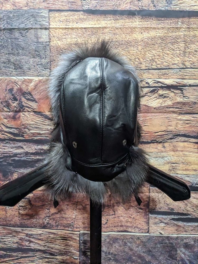 Blue Dyed Silver Fox  and Leather Trapper Hat