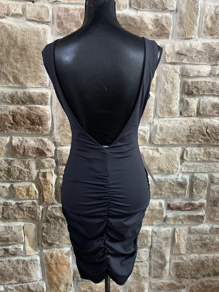 Bebe Black Low Back Ruched Mini Dresss, Size S