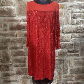 R & M Richards Red Sequin and Mesh Long Sleeve Dress, Size 14
