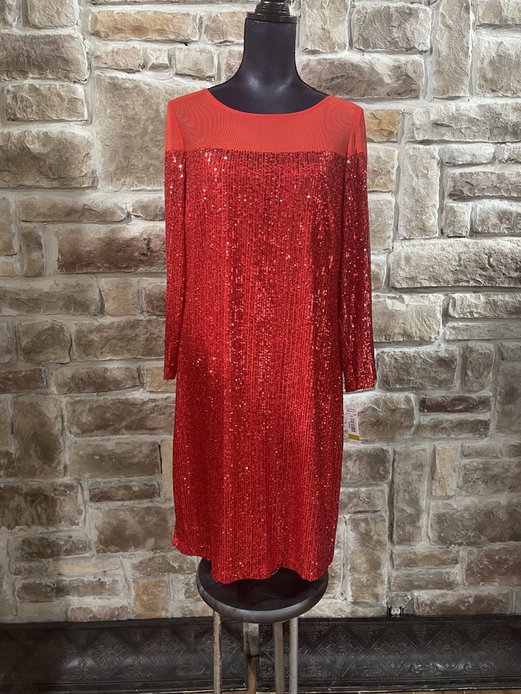 R & M Richards Red Sequin and Mesh Long Sleeve Dress, Size 14