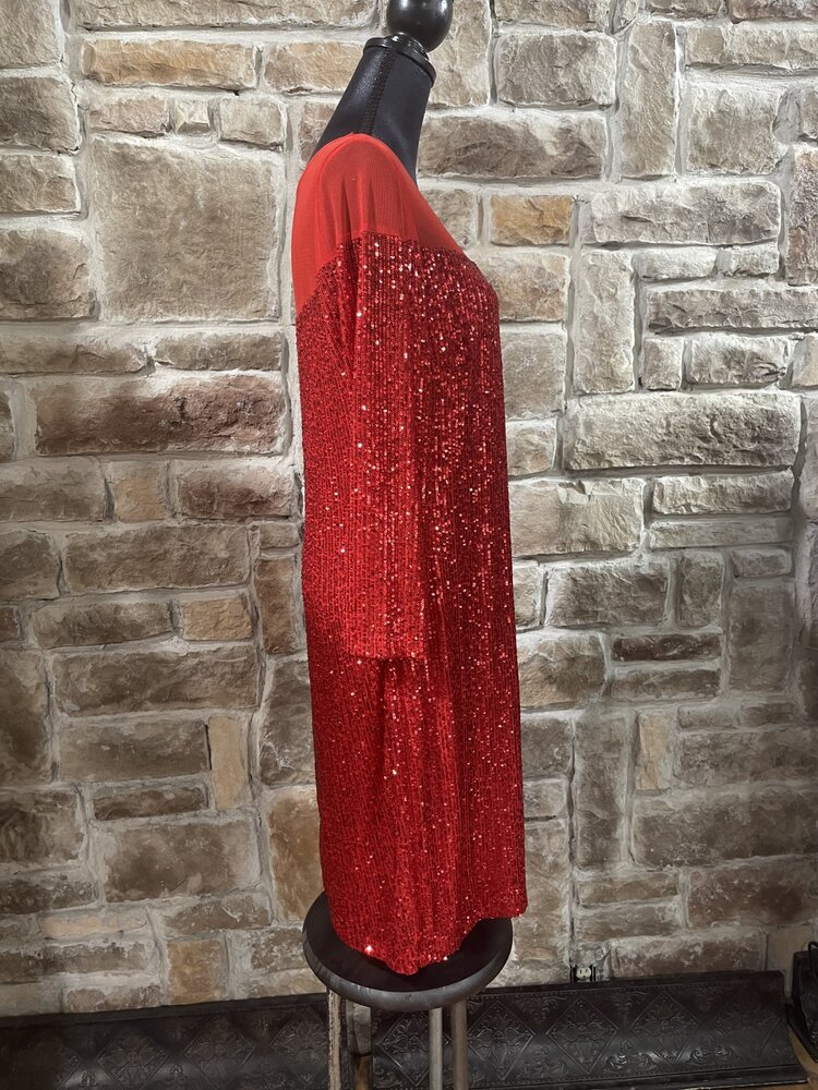 R & M Richards Red Sequin and Mesh Long Sleeve Dress, Size 14