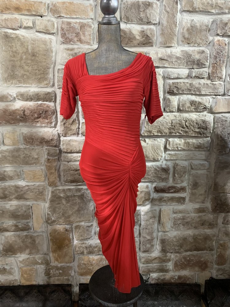 Tadashi Shoji Red Short Sleeve Ruched Dress, Size S