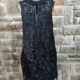 Kensie Black Lace Cutout Dress with Ribbon Collar, Size L