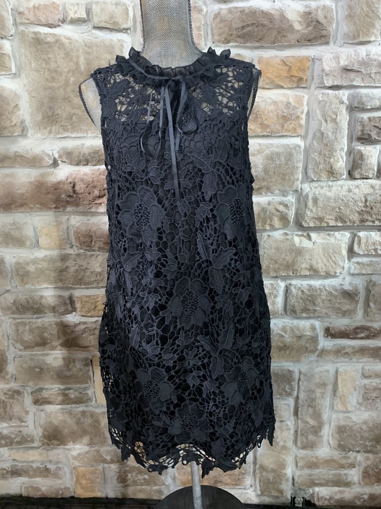 Kensie Black Lace Cutout Dress with Ribbon Collar, Size L