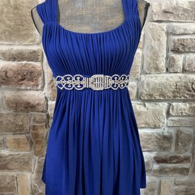 Sky Benjamin Saphirre Blue Knit Top with Rhinestone Belt, Size M