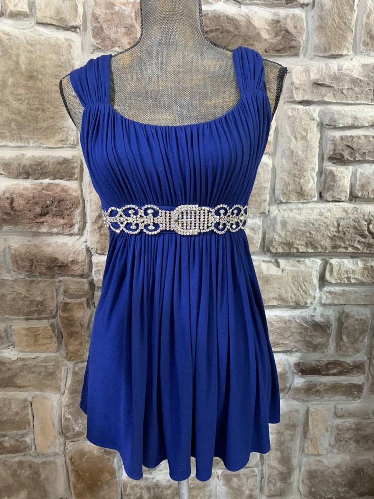Sky Benjamin Saphirre Blue Knit Top with Rhinestone Belt, Size M