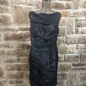 Tadashi Shoji Navy Lace with a Chiffon Ruched Overlay, Size 14