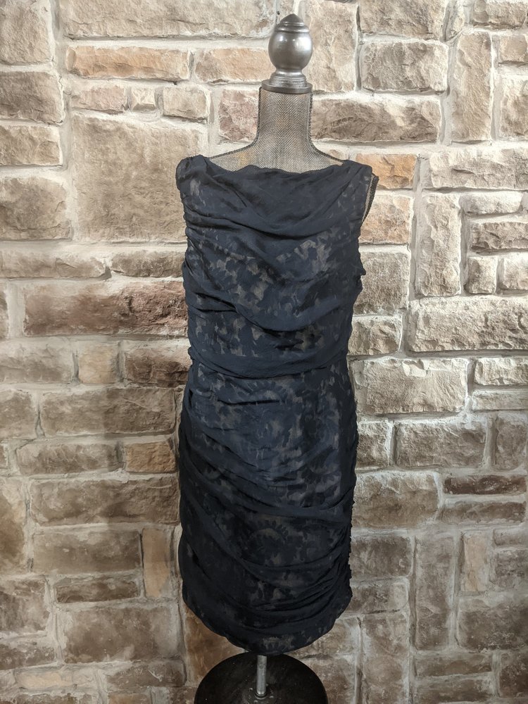 Tadashi Shoji Navy Lace with a Chiffon Ruched Overlay, Size 14