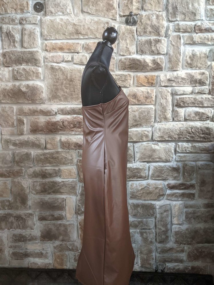 Brown Faux Leather Spaghetti Strap Dress, Size L