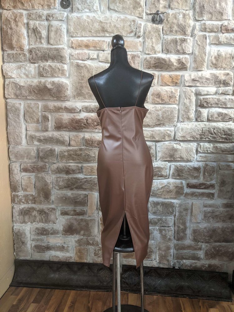 Brown Faux Leather Spaghetti Strap Dress, Size L