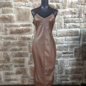 Brown Faux Leather Spaghetti Strap Dress, Size L