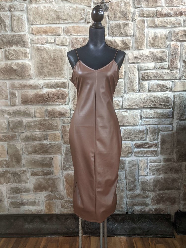Brown Faux Leather Spaghetti Strap Dress, Size L