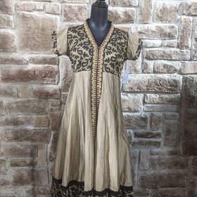 Gold Silk Indian Animal Print with Gold Embroidery Dress, Size XL