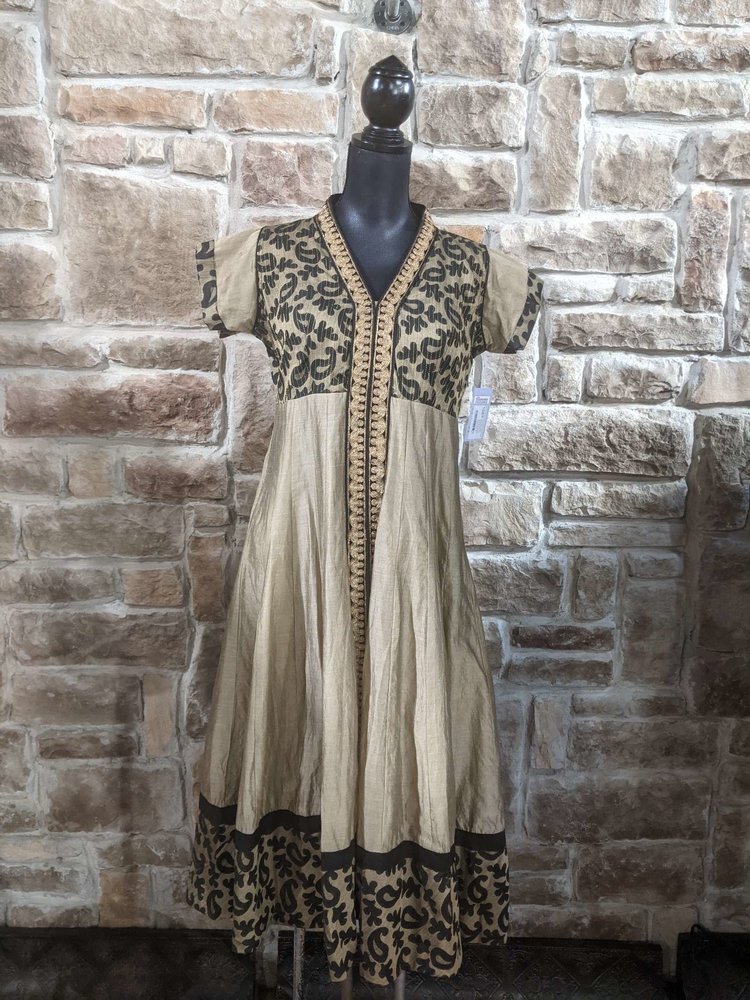 Gold Silk Indian Animal Print with Gold Embroidery Dress, Size XL