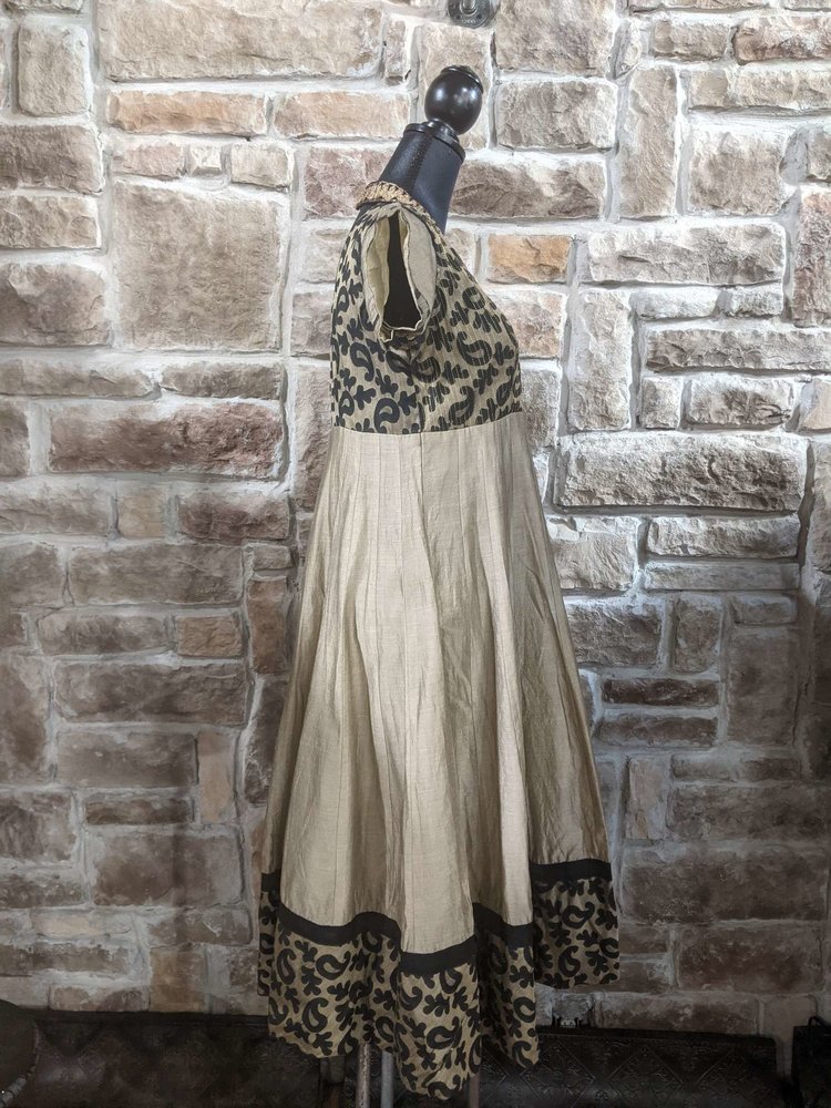 Gold Silk Indian Animal Print with Gold Embroidery Dress, Size XL