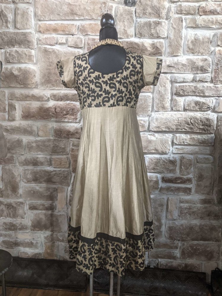Gold Silk Indian Animal Print with Gold Embroidery Dress, Size XL