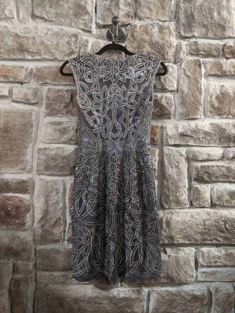 Sue Wong Silver Metallic Embroidered Sheath Dress, Size 0