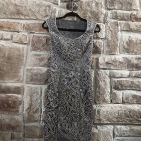 Sue Wong Silver Metallic Embroidered Sheath Dress, Size 0