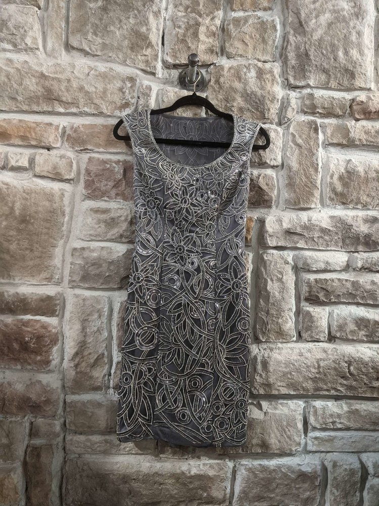 Sue Wong Silver Metallic Embroidered Sheath Dress, Size 0