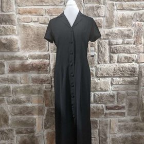 Black Long Button Up Dress with Short Sleeves, Size 8