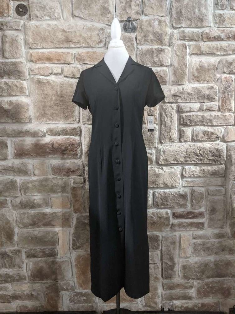 Black Long Button Up Dress with Short Sleeves, Size 8