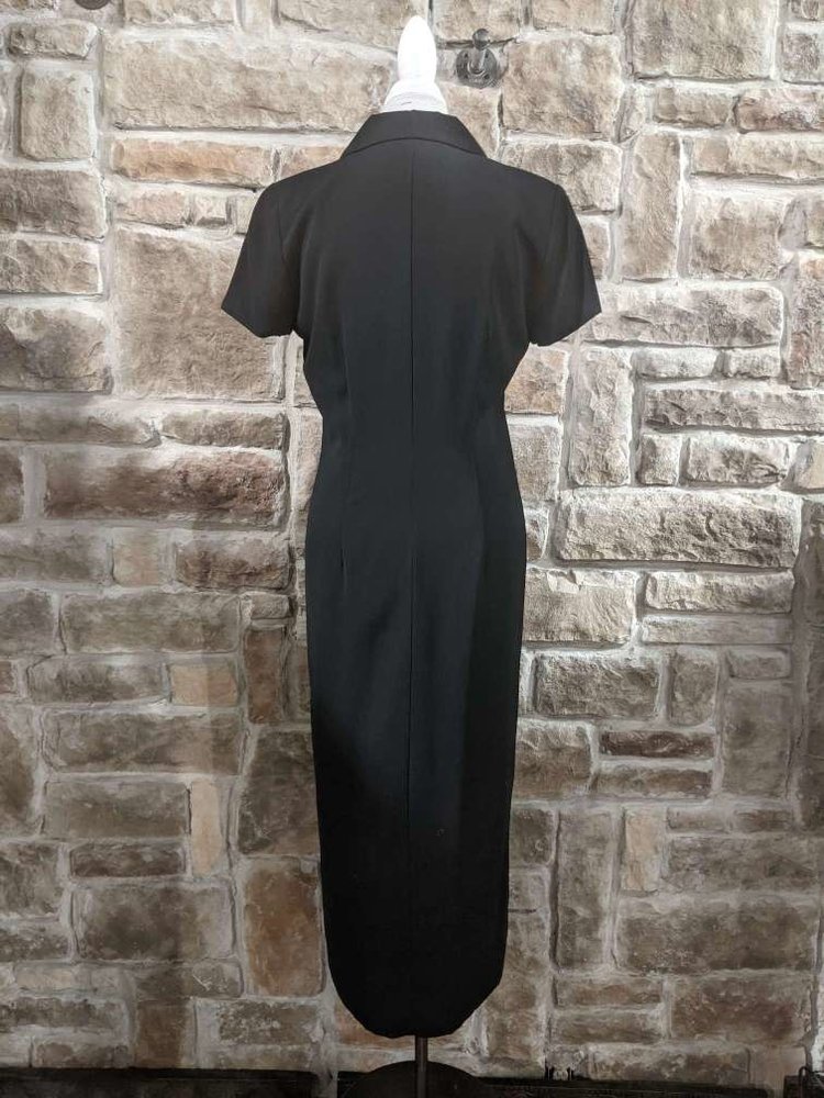 Black Long Button Up Dress with Short Sleeves, Size 8