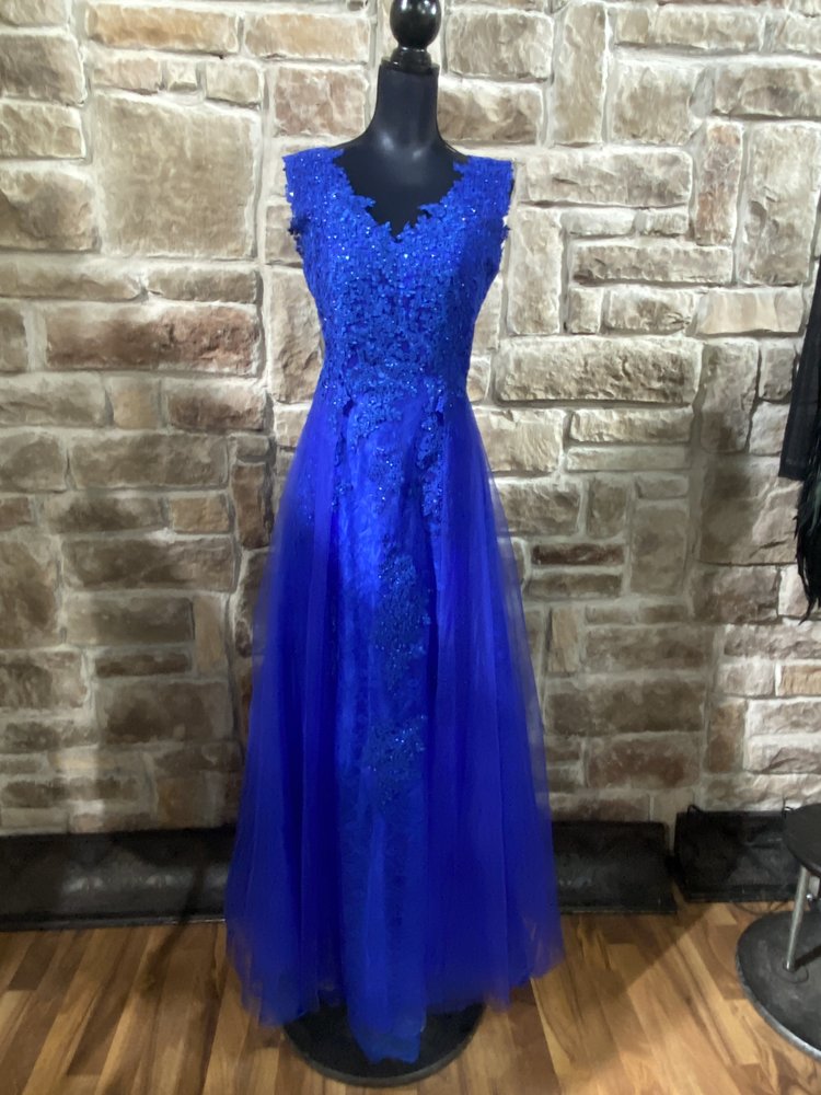 May Queen Royal Blue Lace and Tulle Gown with Corset Back, Size 8