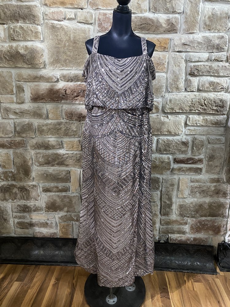 R&M Richards Warm Grey Sequin Off-the-shoulder Dress Size 16W