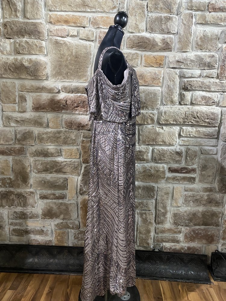 R&M Richards Warm Grey Sequin Off-the-shoulder Dress Size 16W