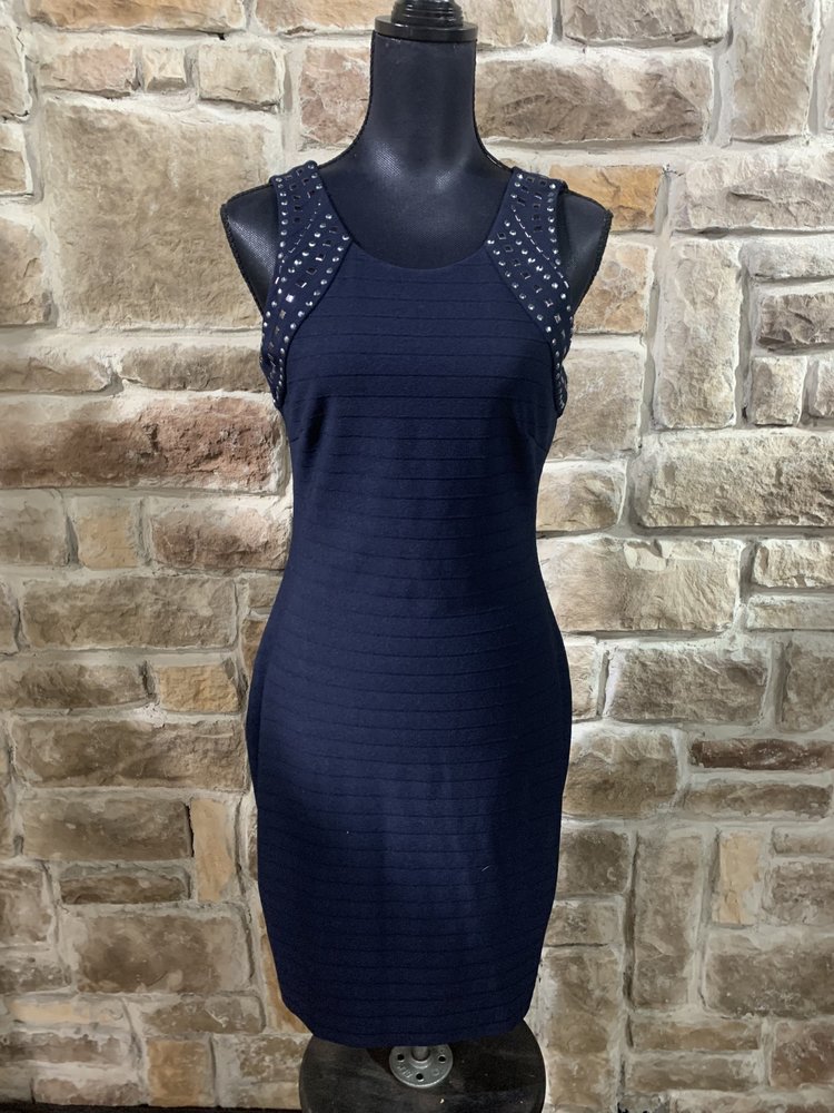 Guess Navy Blue Bandage Dress with Silver Rivets, Size 10