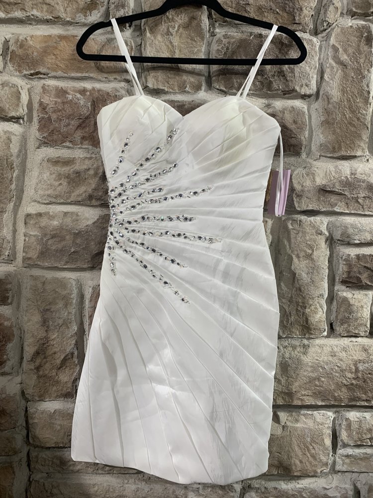 Brianna Blair White Tafetta Mini Dress with Starburst Rhinestones, Size S