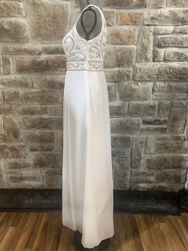 Sue Wong White V Neck Gown with Gold Beading, Size 6