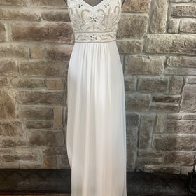 Sue Wong White V Neck Gown with Gold Beading, Size 6