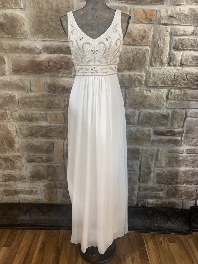 Sue Wong White V Neck Gown with Gold Beading, Size 6