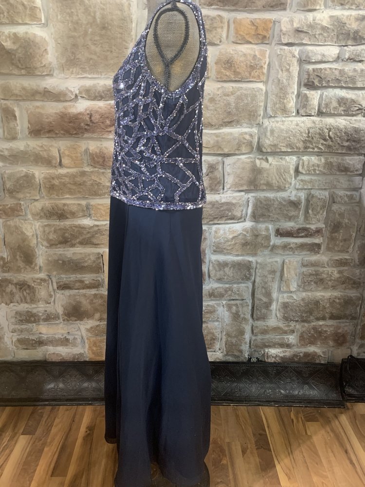 Jkara Navy Sleeveless Chiffon Gown with Sequin Top, Size 10
