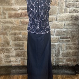 Jkara Navy Sleeveless Chiffon Gown with Sequin Top, Size 10